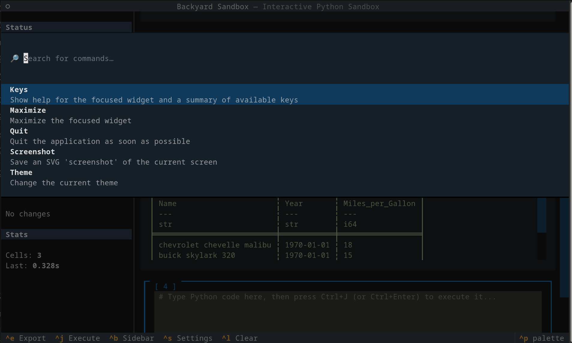TUI showing command palette