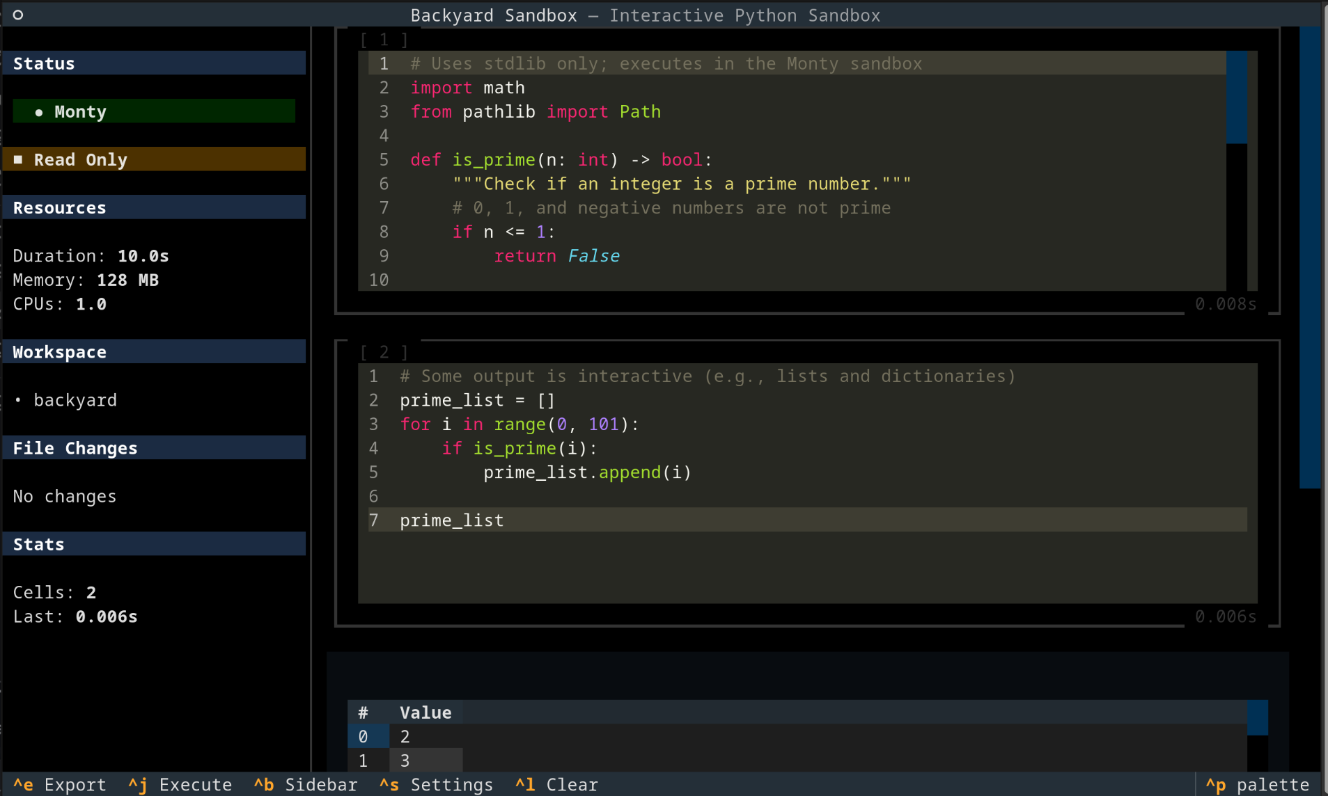 TUI showing interactive outputs
