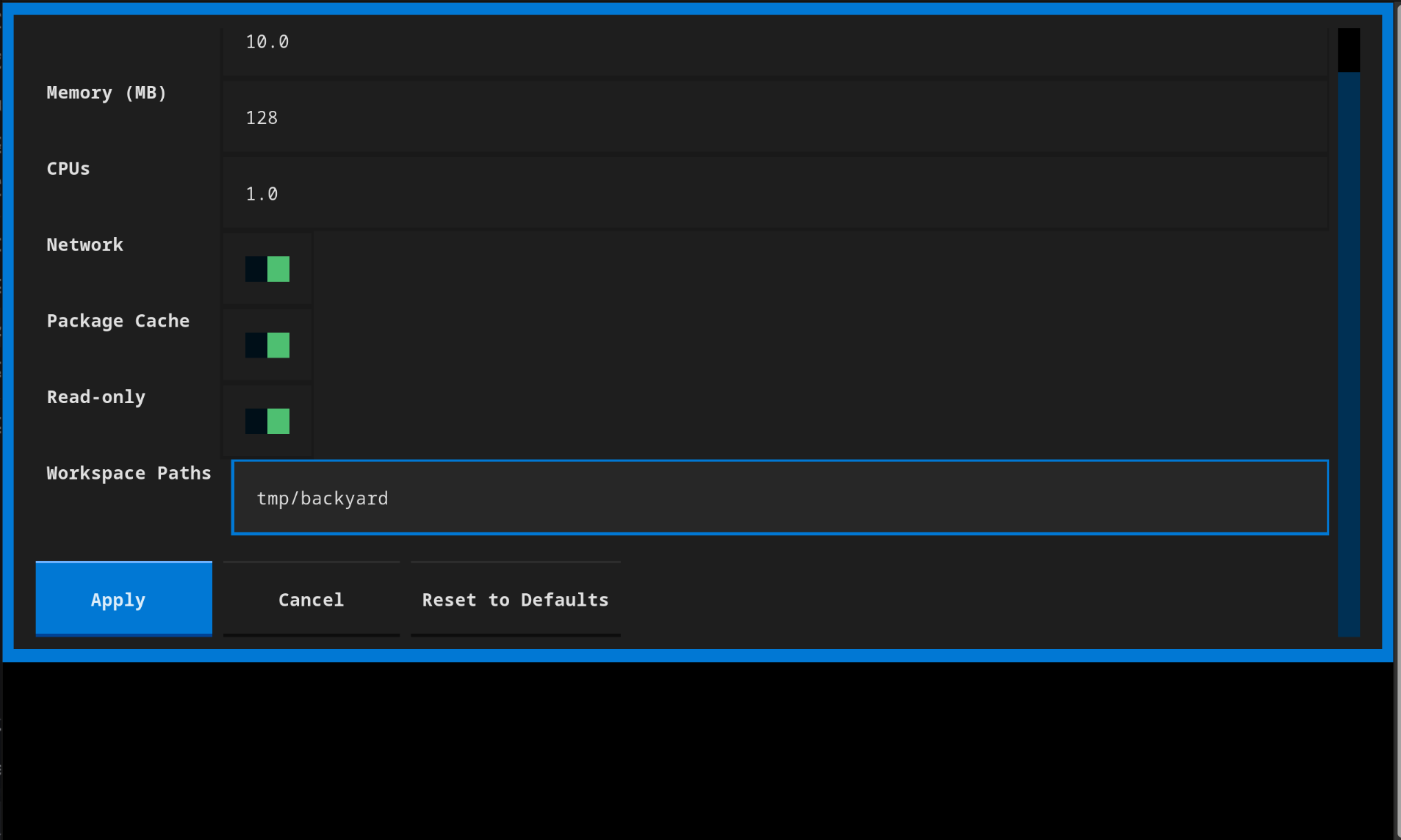 TUI showing the settings modal
