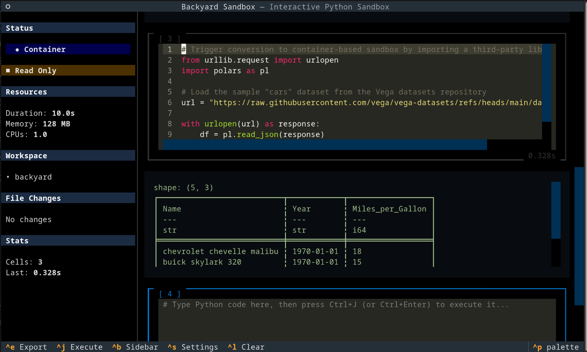 TUI showing container backend